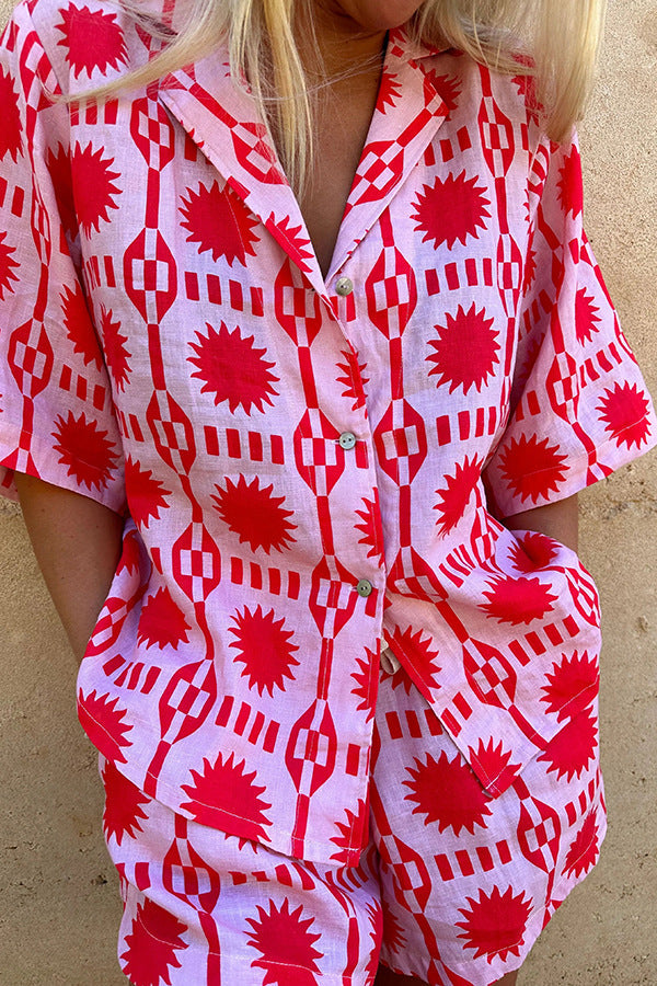 Women's Cotton Geo Print Shirt and Shorts Set with Revere Collar