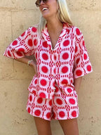 Women's Cotton Geo Print Shirt and Shorts Set with Revere Collar