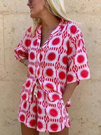 Women's Cotton Geo Print Shirt and Shorts Set with Revere Collar