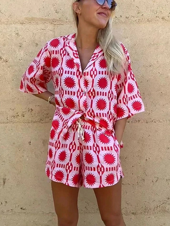 Women's Cotton Geo Print Shirt and Shorts Set with Revere Collar