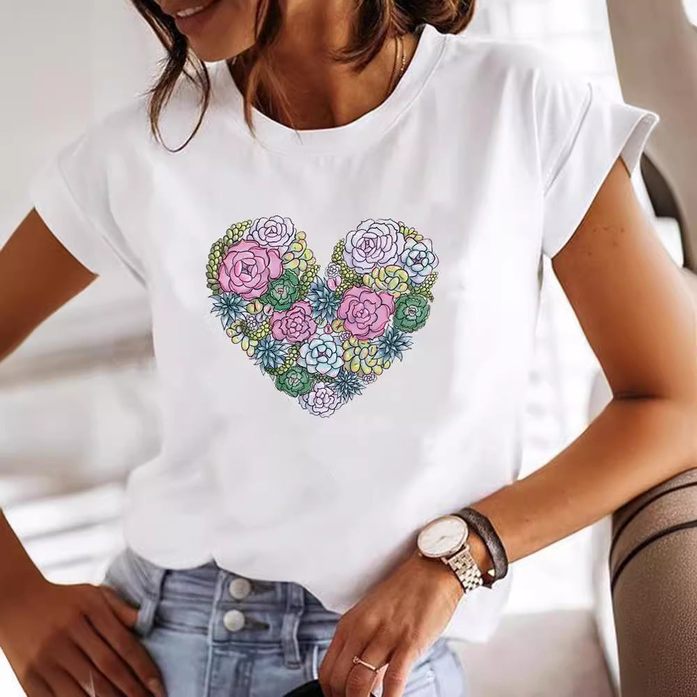 Women's Relaxed Cotton Summer Top with Heart Graphic