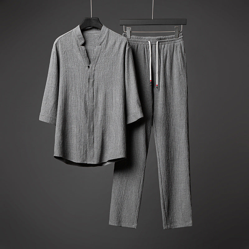 Men's Textured Cotton Two-Piece Set with Band Collar Shirt