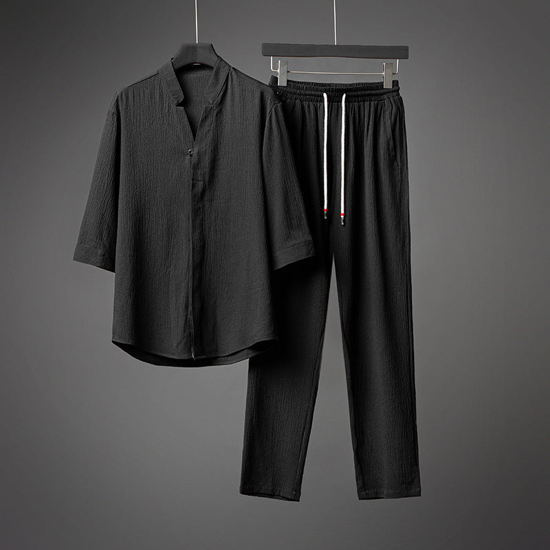 Men's Textured Cotton Two-Piece Set with Band Collar Shirt