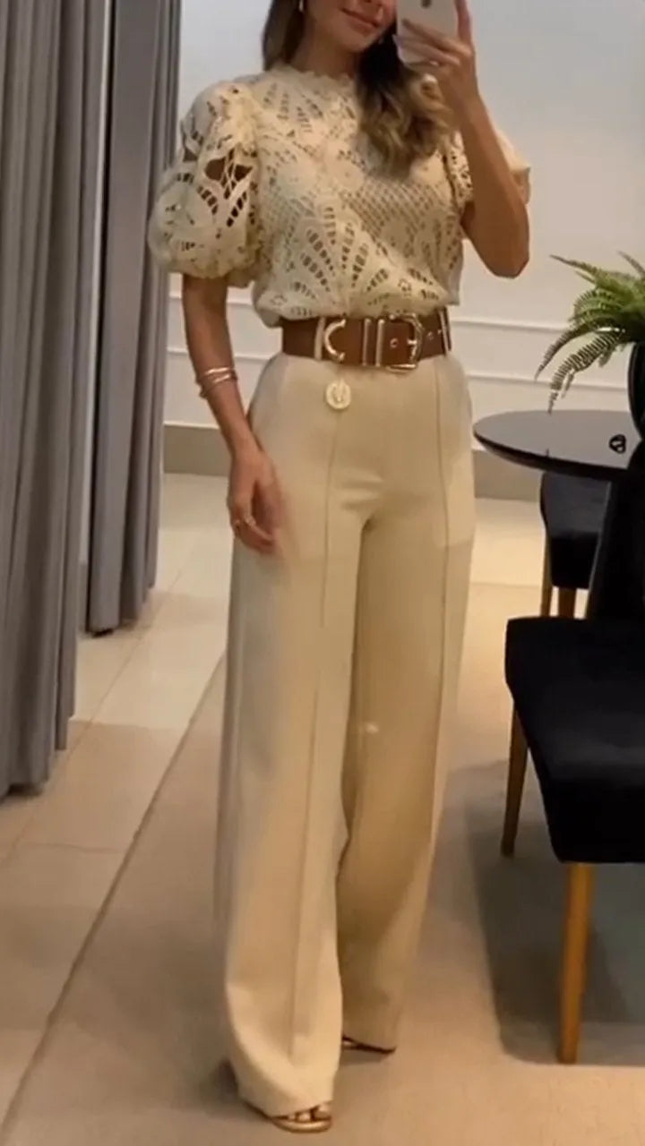 Women's Cotton Two-Piece Set with Wide-Leg Trousers