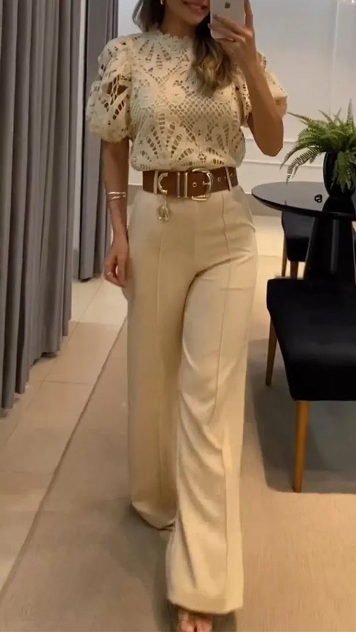 Women's Cotton Two-Piece Set with Wide-Leg Trousers