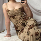 Women's Satin Floral Slip Midi Dress with Cowl Neck