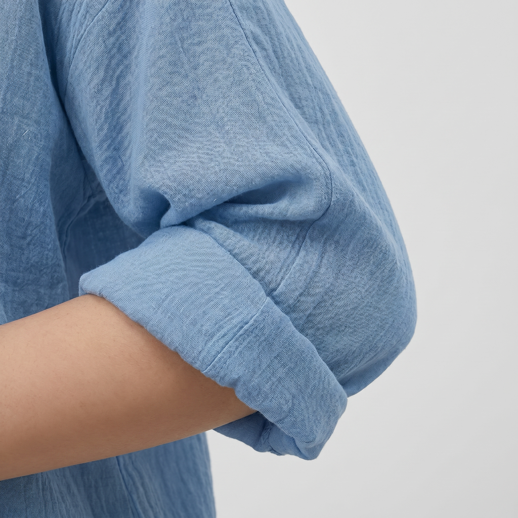 Women's Crinkled Cotton Button-Up Shirt with V-Neck and 3/4 Sleeves