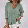 Women's Crinkled Cotton Button-Up Shirt with V-Neck and 3/4 Sleeves