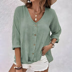 Women's Crinkled Cotton Button-Up Shirt with V-Neck and 3/4 Sleeves