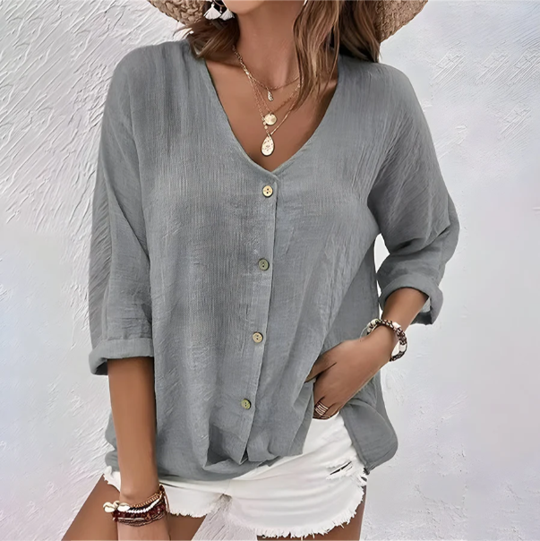 Women's Crinkled Cotton Button-Up Shirt with V-Neck and 3/4 Sleeves