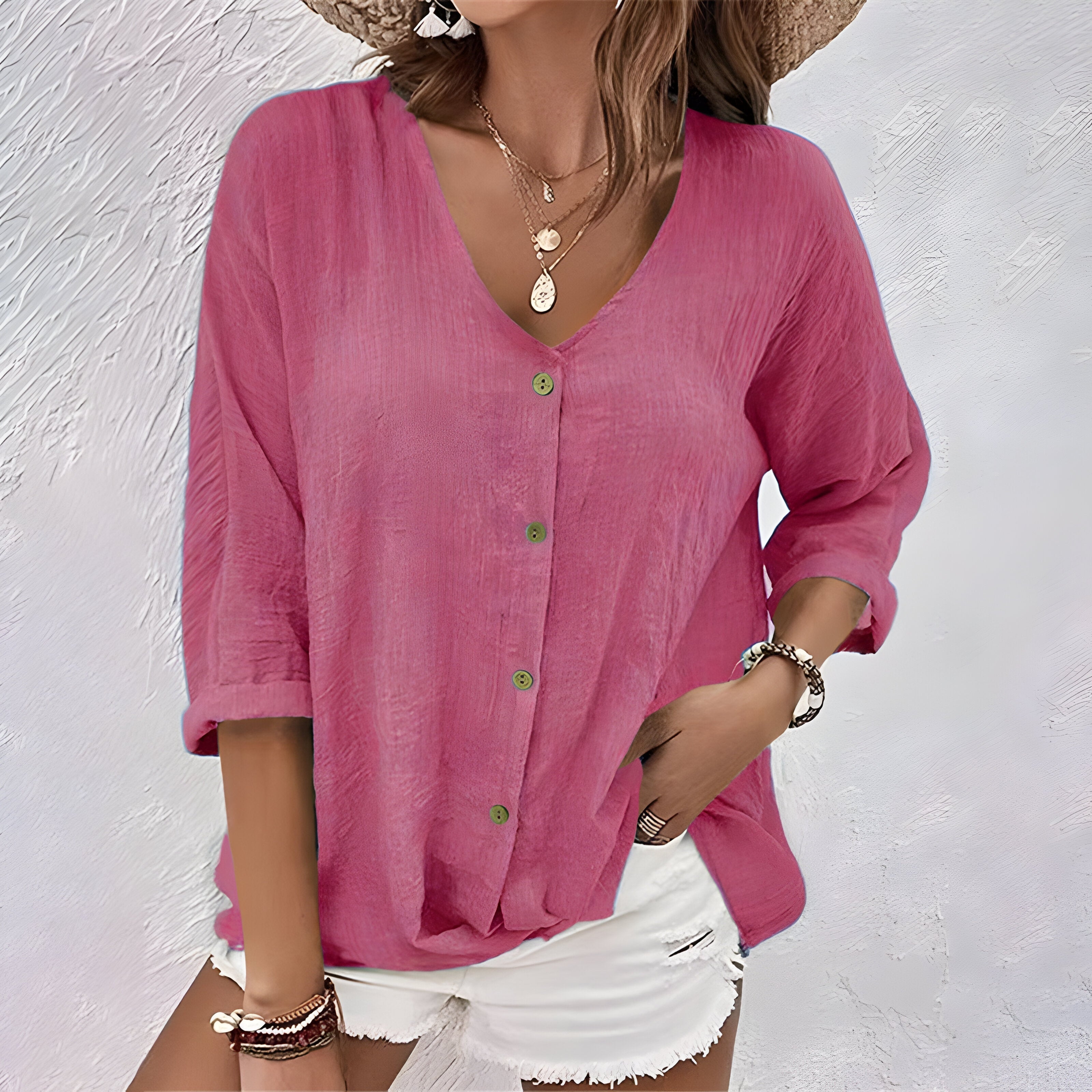 Women's Crinkled Cotton Button-Up Shirt with V-Neck and 3/4 Sleeves