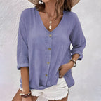 Women's Crinkled Cotton Button-Up Shirt with V-Neck and 3/4 Sleeves