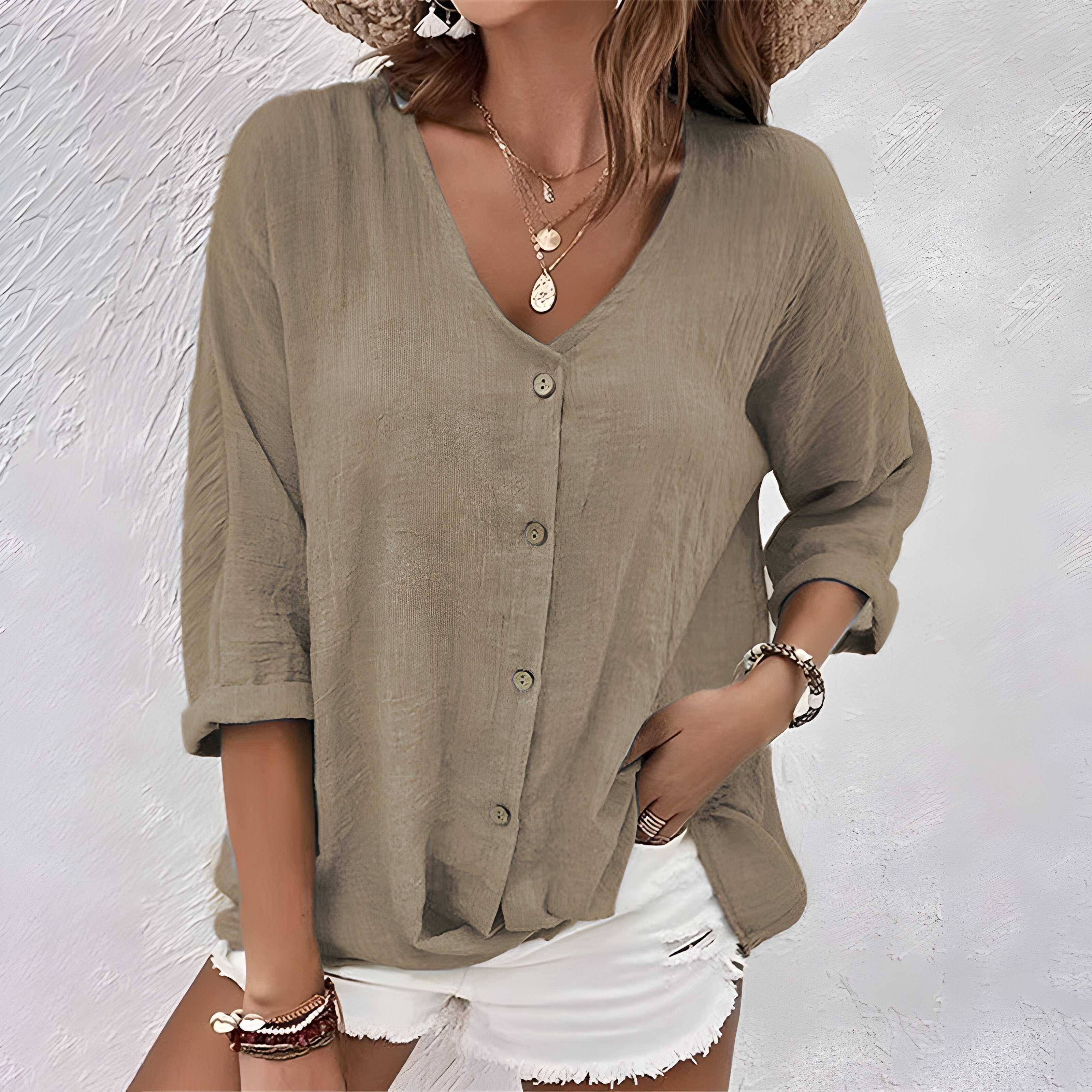 Women's Crinkled Cotton Button-Up Shirt with V-Neck and 3/4 Sleeves