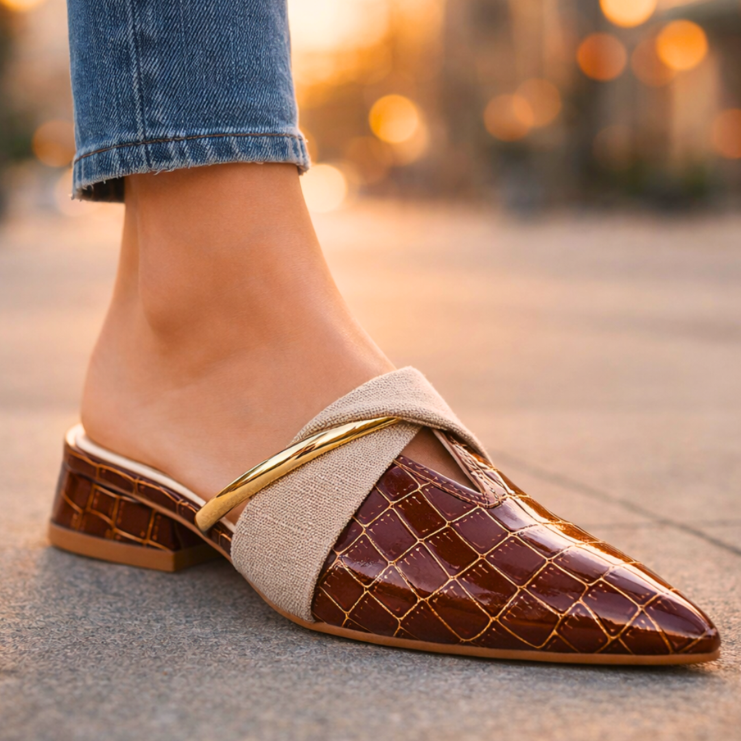 Women's Croc-Embossed Mule Heels with Cross Strap