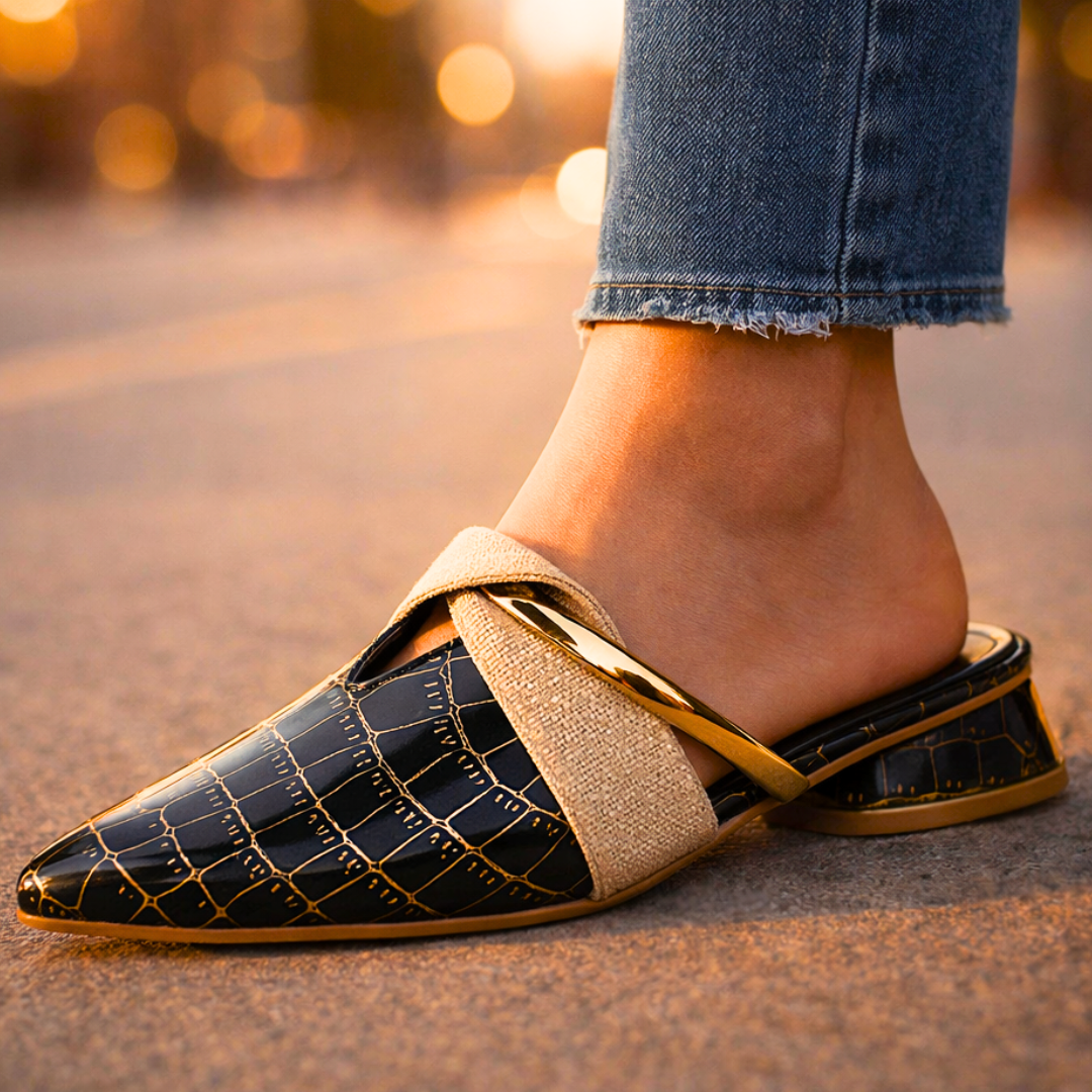 Women's Croc-Embossed Mule Heels with Cross Strap