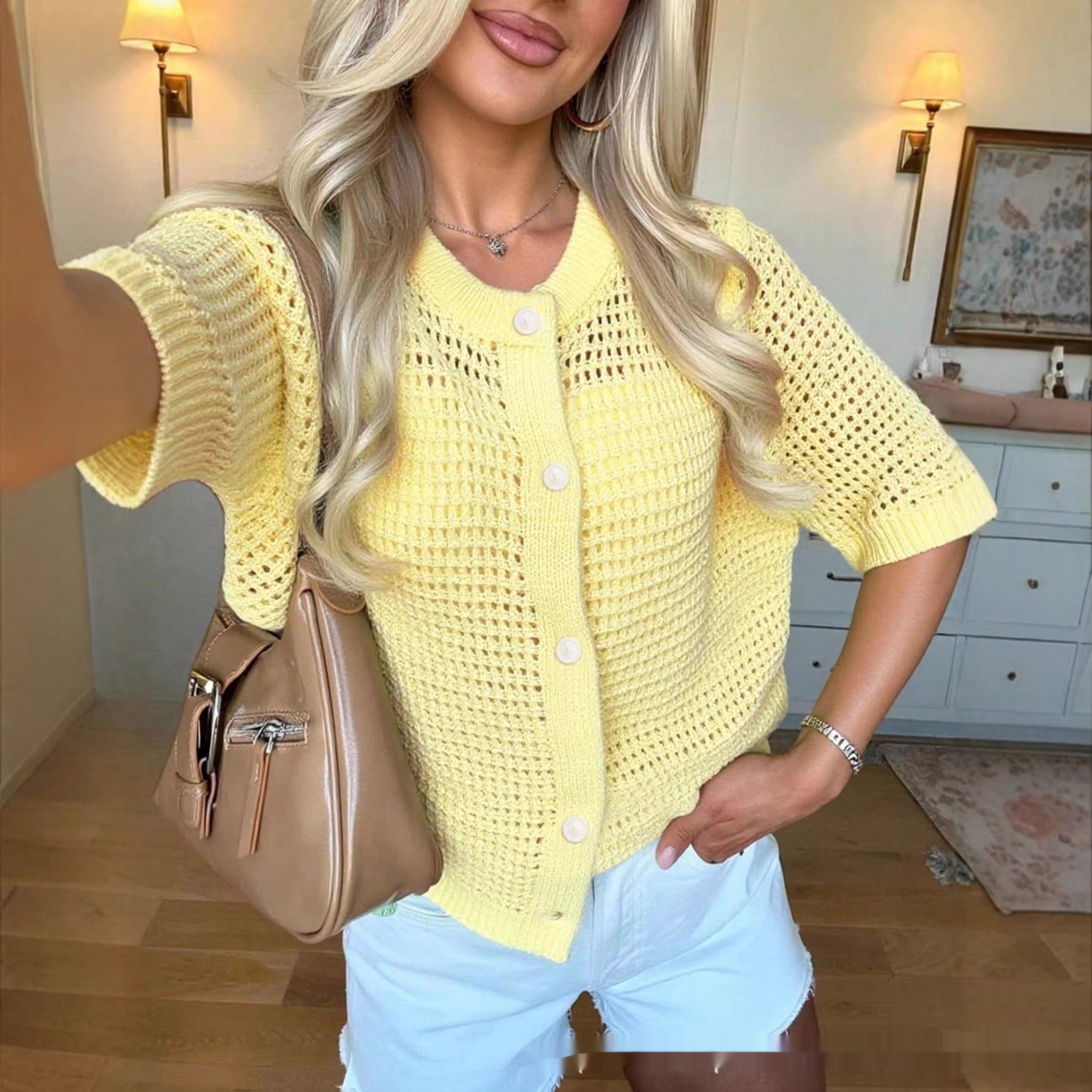 Women's Cropped Knit Top with Button Front