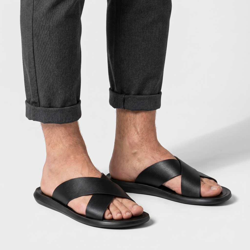 Men's Cross-Strap Open-Toe Slide Sandal with Flat Sole