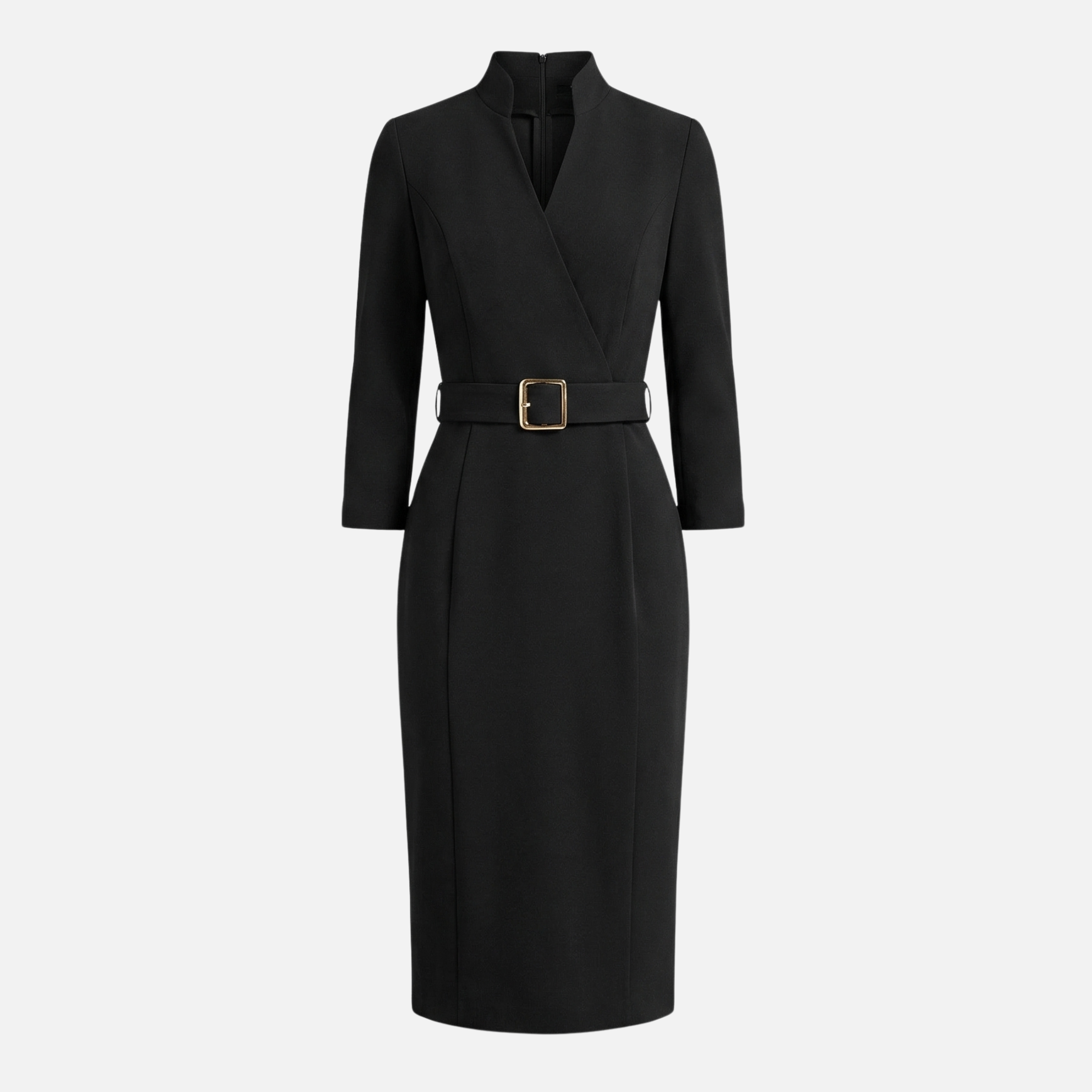 Women's Crossover Neckline Midi Dress with Square Buckle Belt