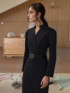 Women's Crossover Neckline Midi Dress with Square Buckle Belt