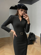 Women's Crossover Neckline Midi Dress with Square Buckle Belt