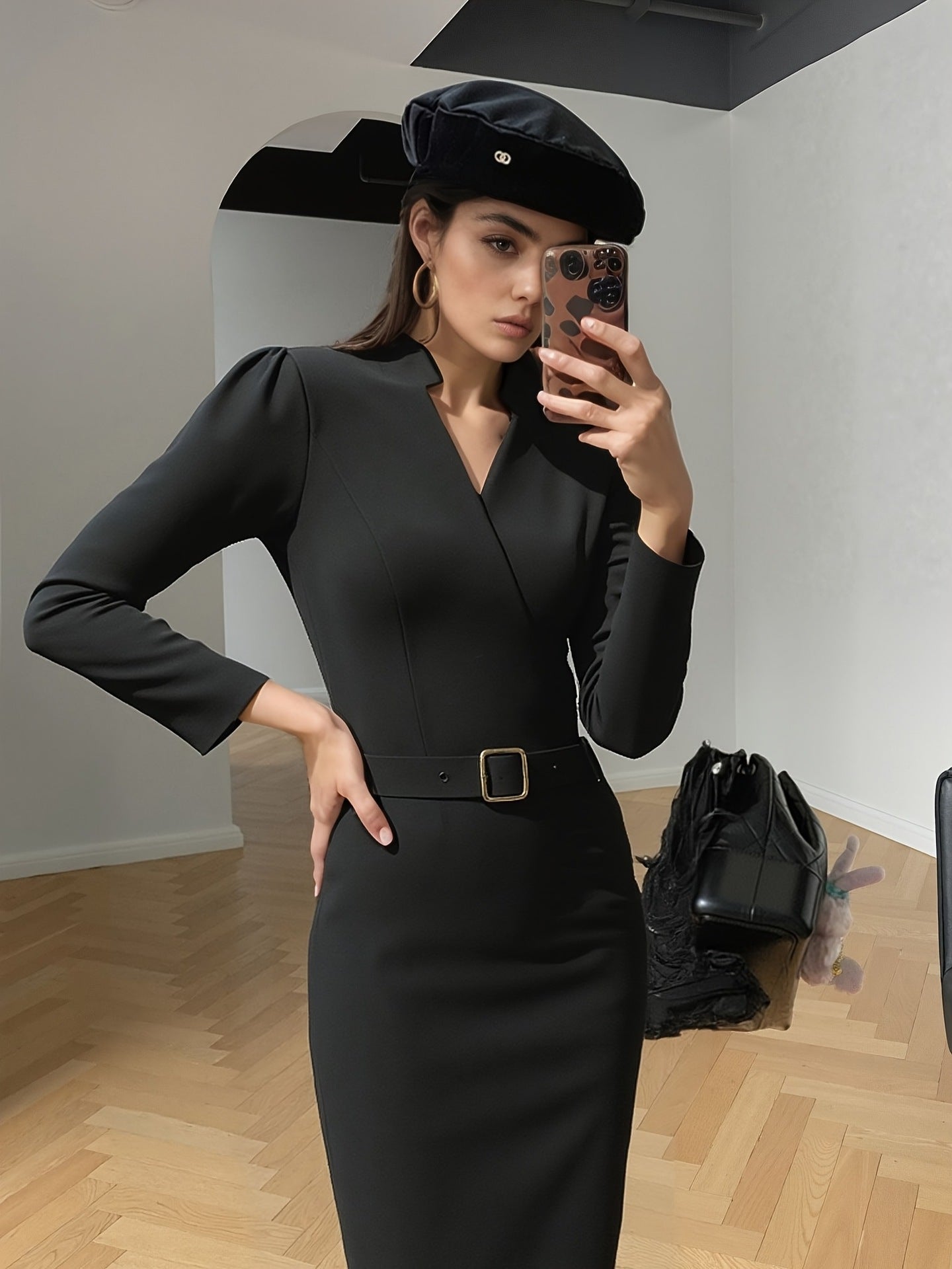 Women's Crossover Neckline Midi Dress with Square Buckle Belt