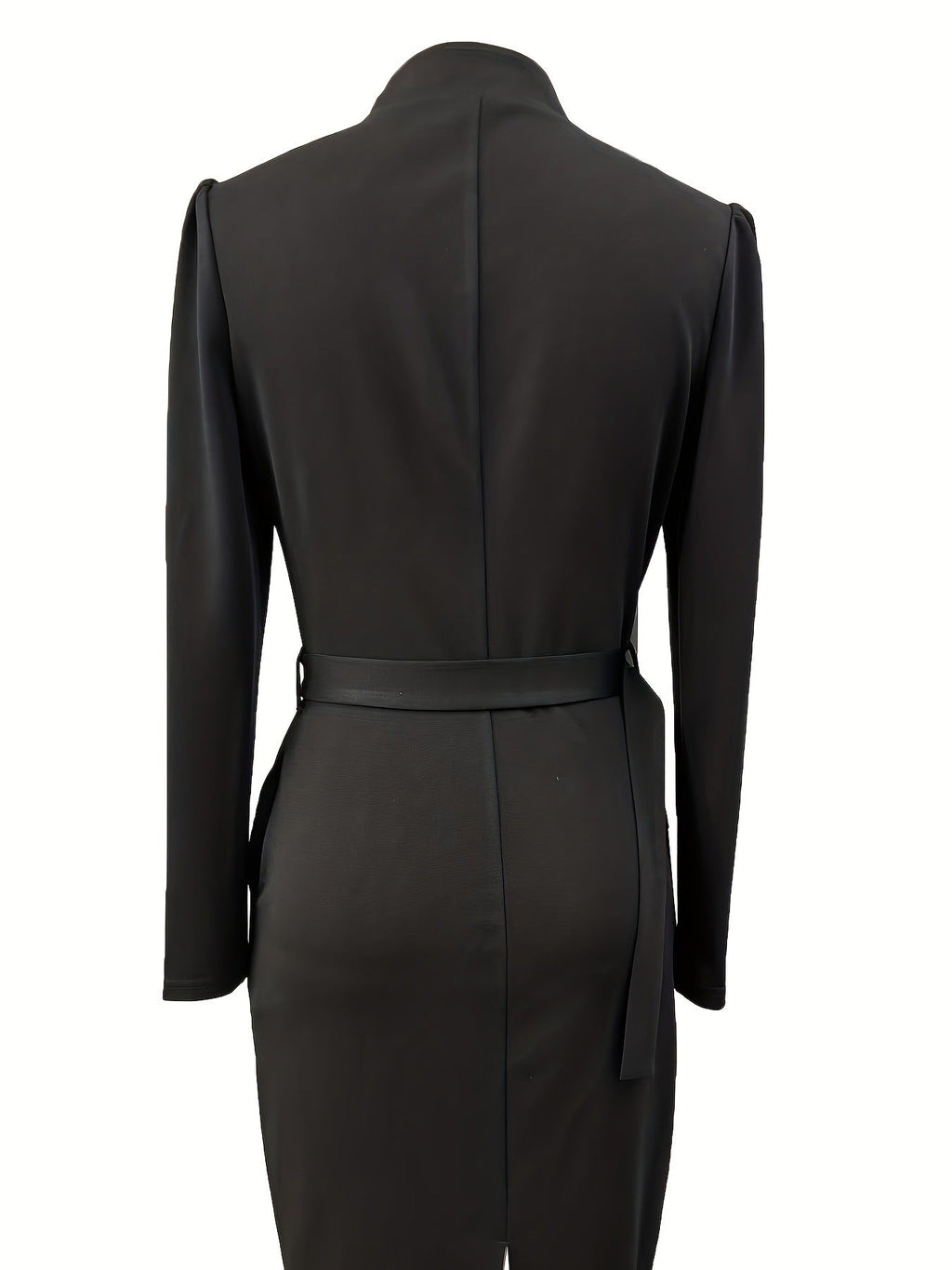 Women's Crossover Neckline Midi Dress with Square Buckle Belt