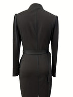 Women's Crossover Neckline Midi Dress with Square Buckle Belt