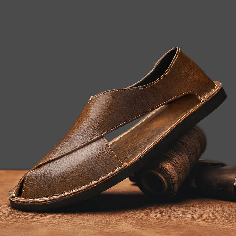Men's Crossover Strap Leather-Look Sandal with Closed Toe