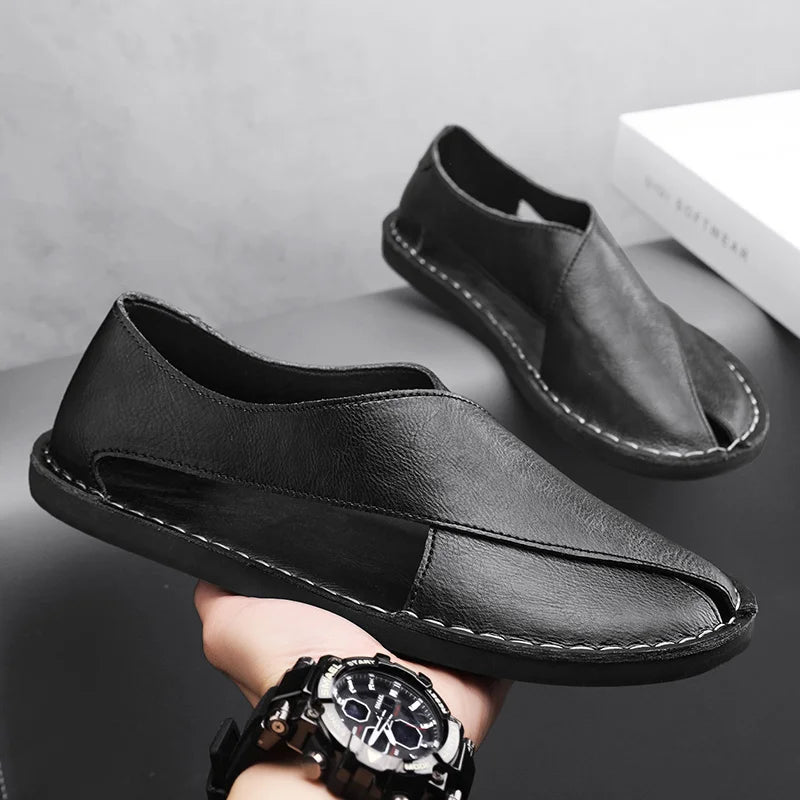 Men's Crossover Strap Leather-Look Sandal with Closed Toe