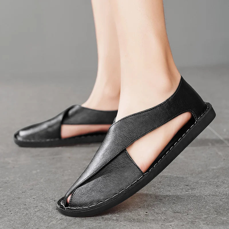 Men's Crossover Strap Leather-Look Sandal with Closed Toe