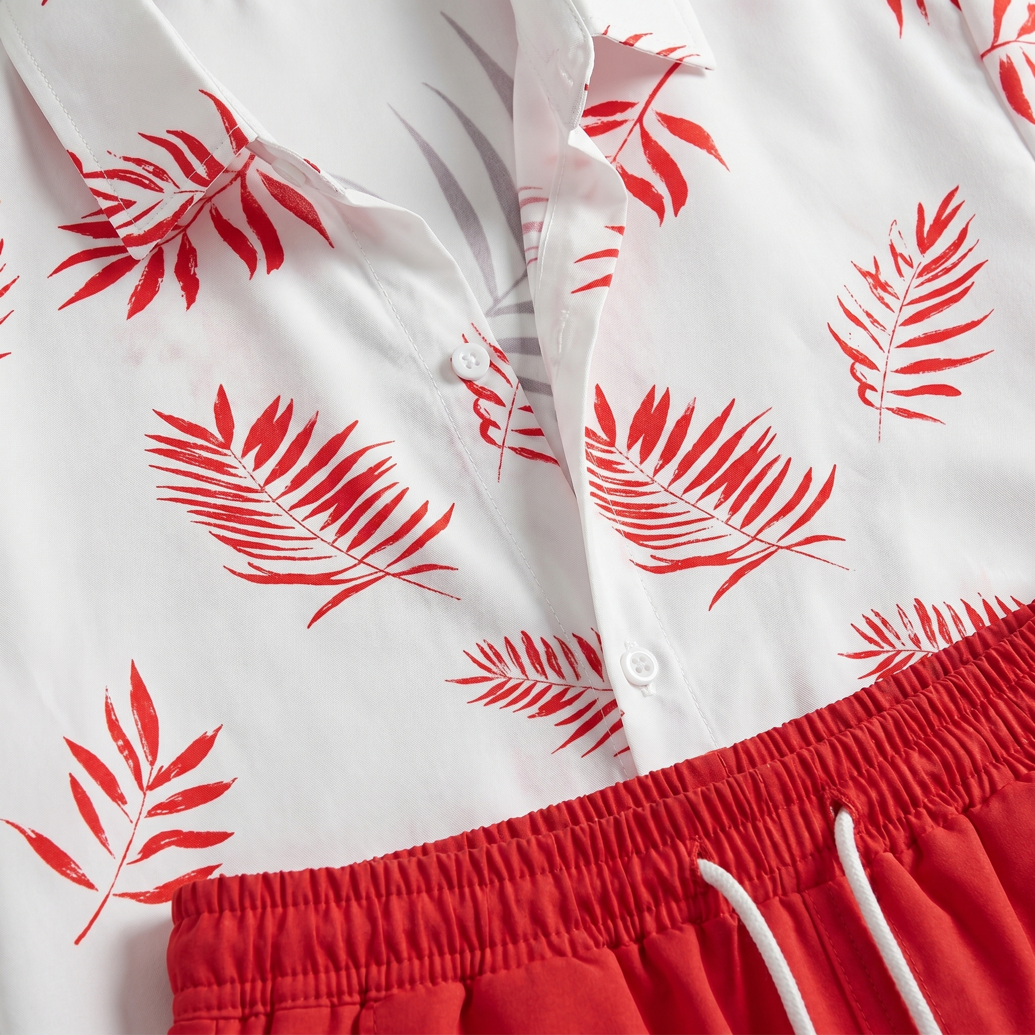 Men's Cuban-Collar Leaf Print Two-Piece Set with Drawstring Shorts