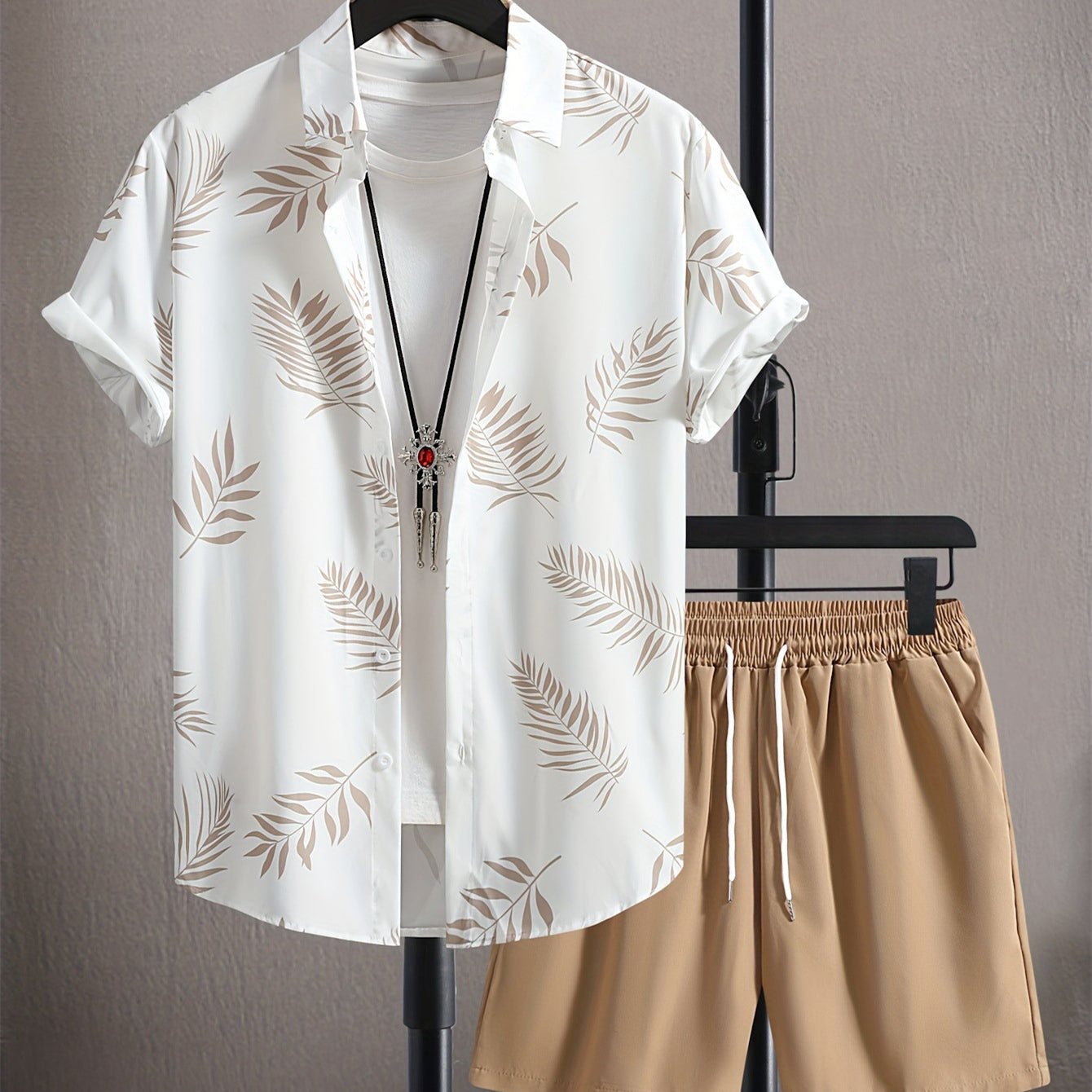 Men's Cuban-Collar Leaf Print Two-Piece Set with Drawstring Shorts
