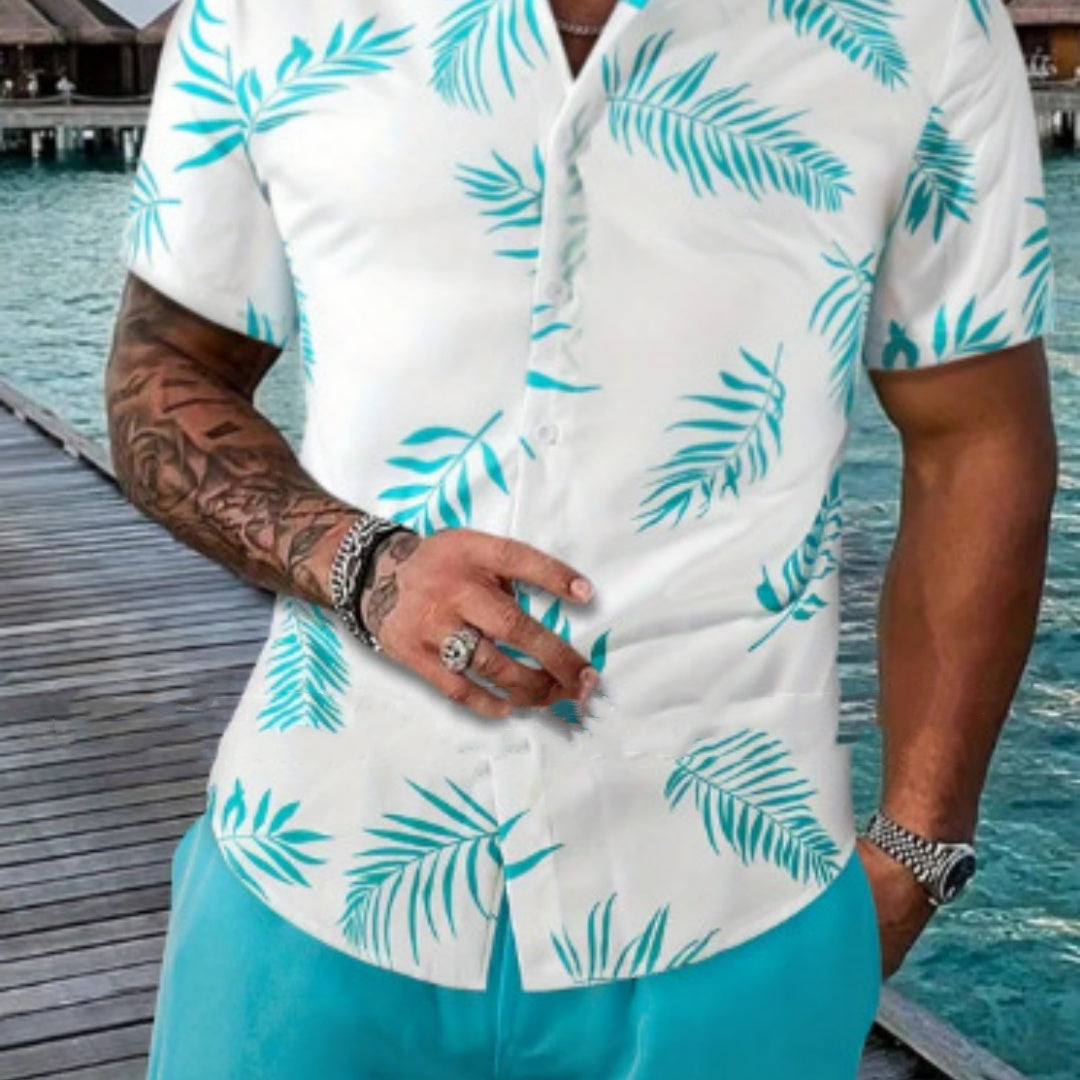 Men's Cuban-Collar Leaf Print Two-Piece Set with Drawstring Shorts