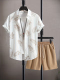 Men's Cuban-Collar Leaf Print Two-Piece Set with Drawstring Shorts