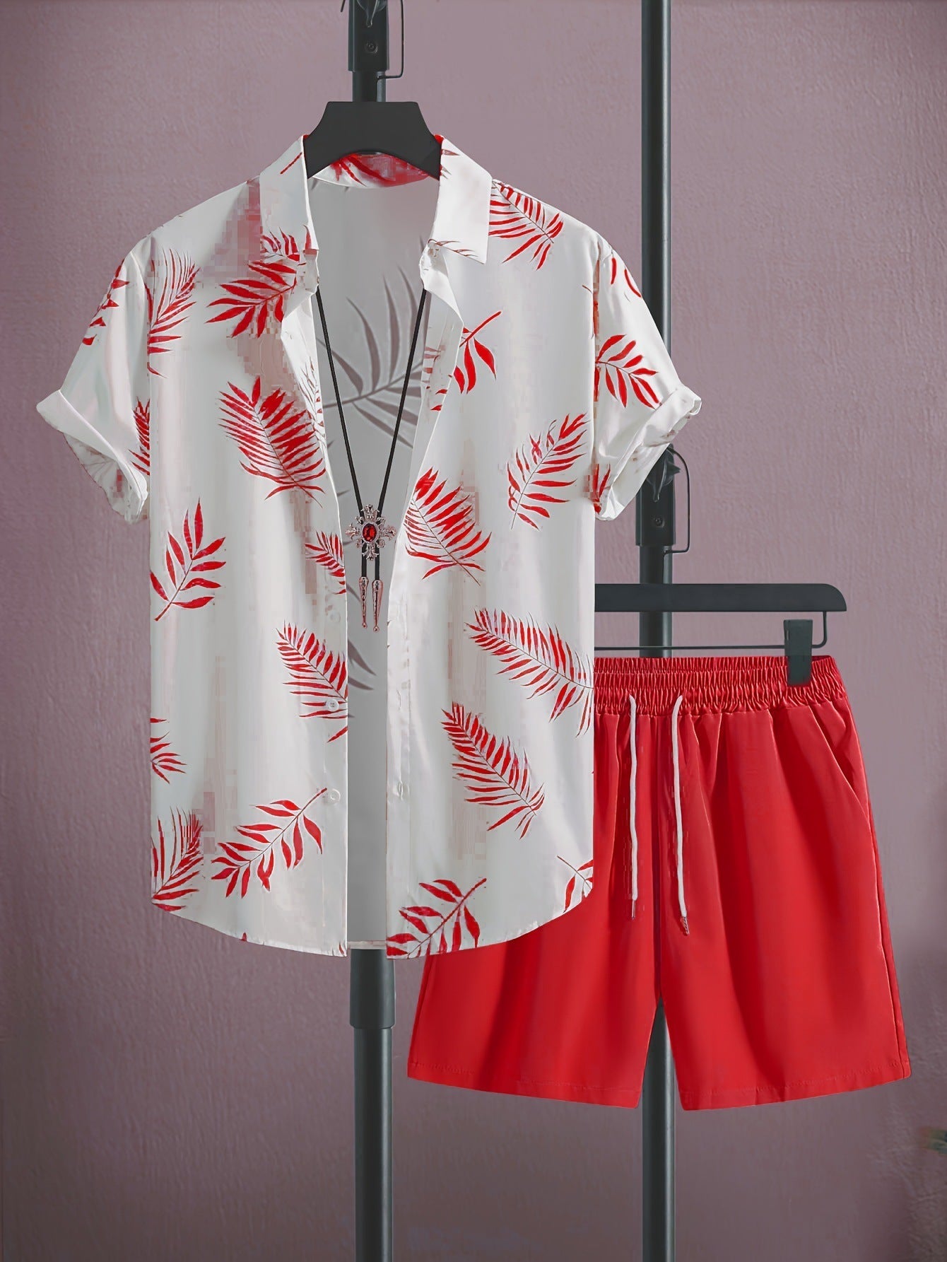 Men's Cuban-Collar Leaf Print Two-Piece Set with Drawstring Shorts