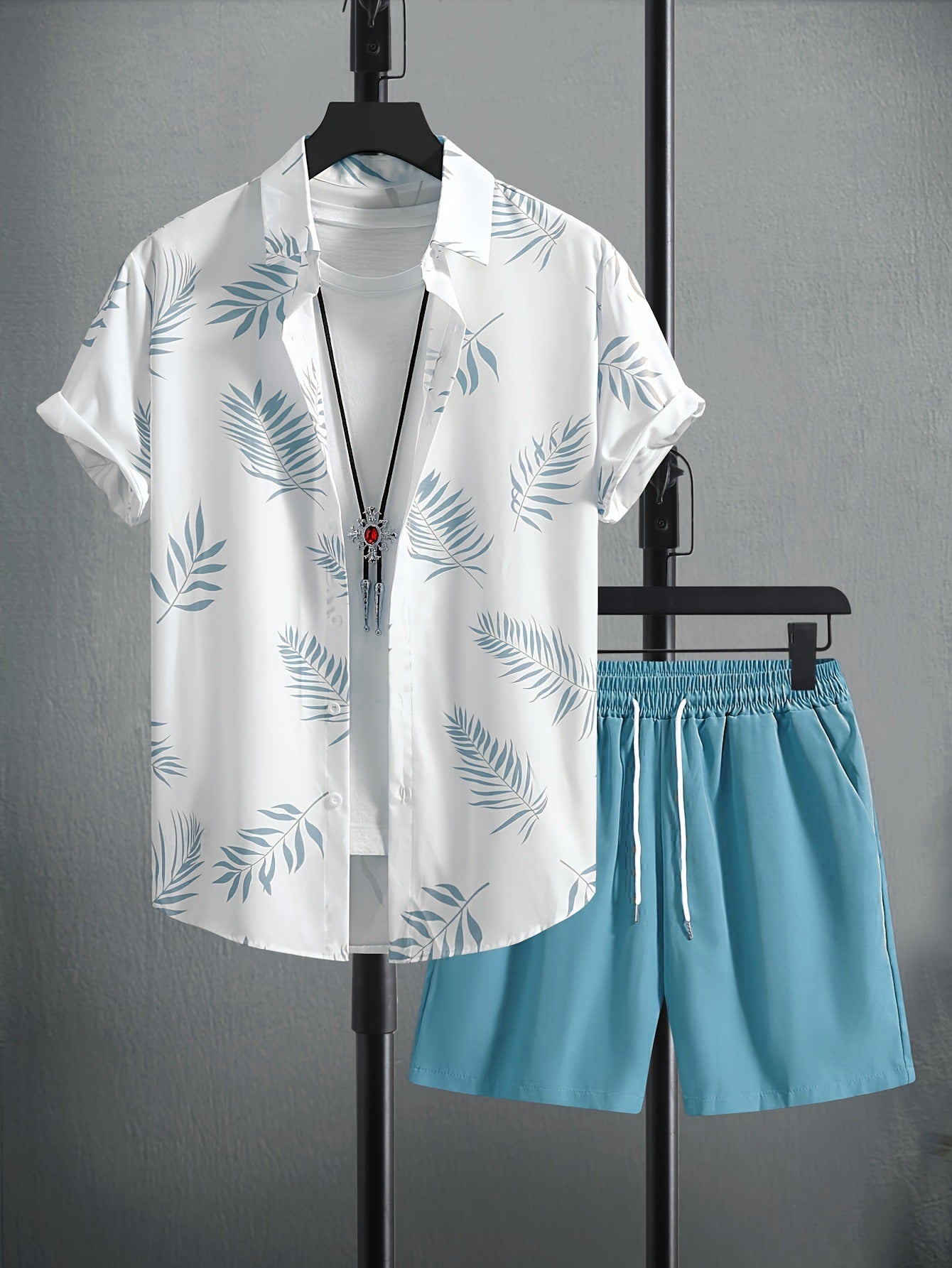 Men's Cuban-Collar Leaf Print Two-Piece Set with Drawstring Shorts