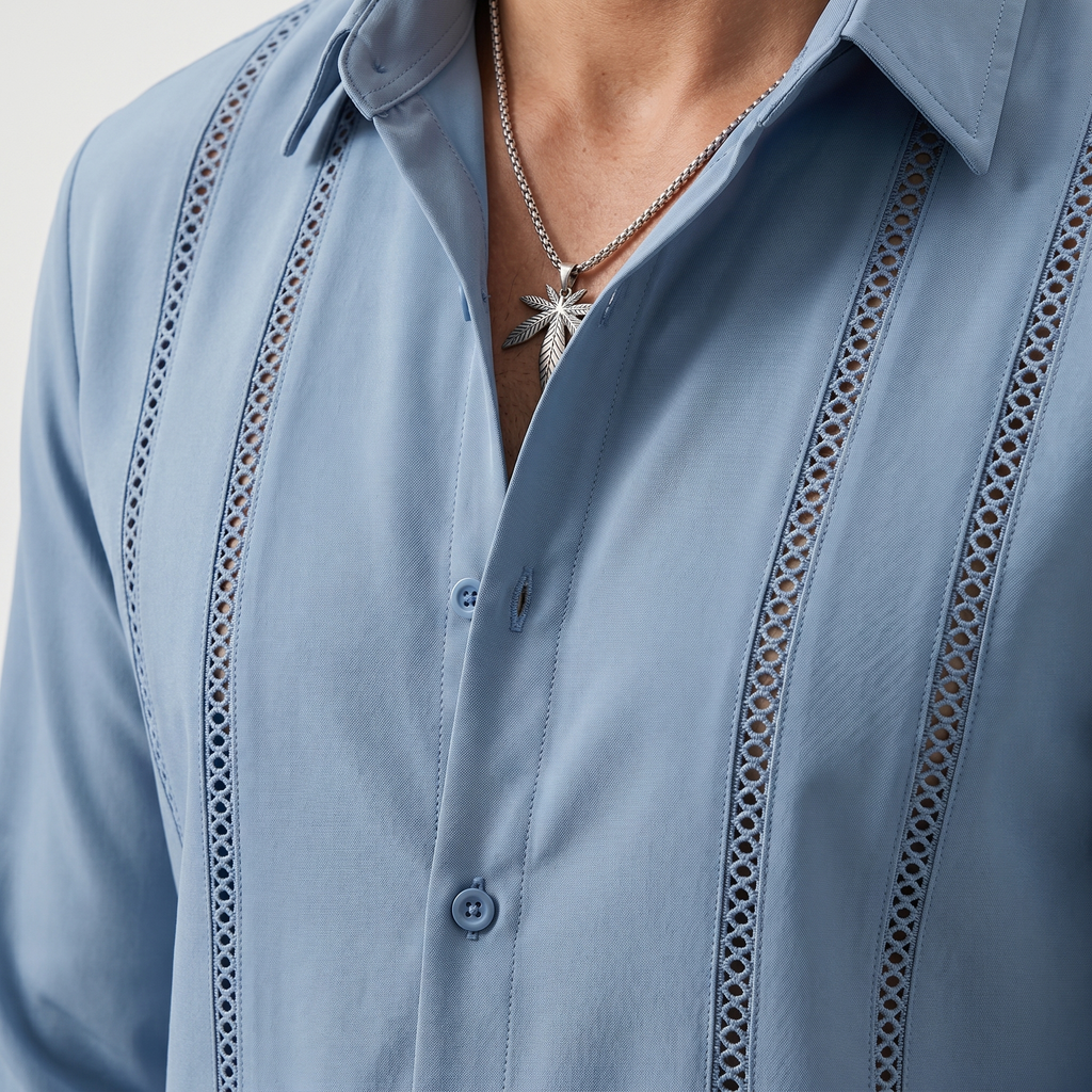 Men's Cuban Linen Shirt with Decorative Front Stitching