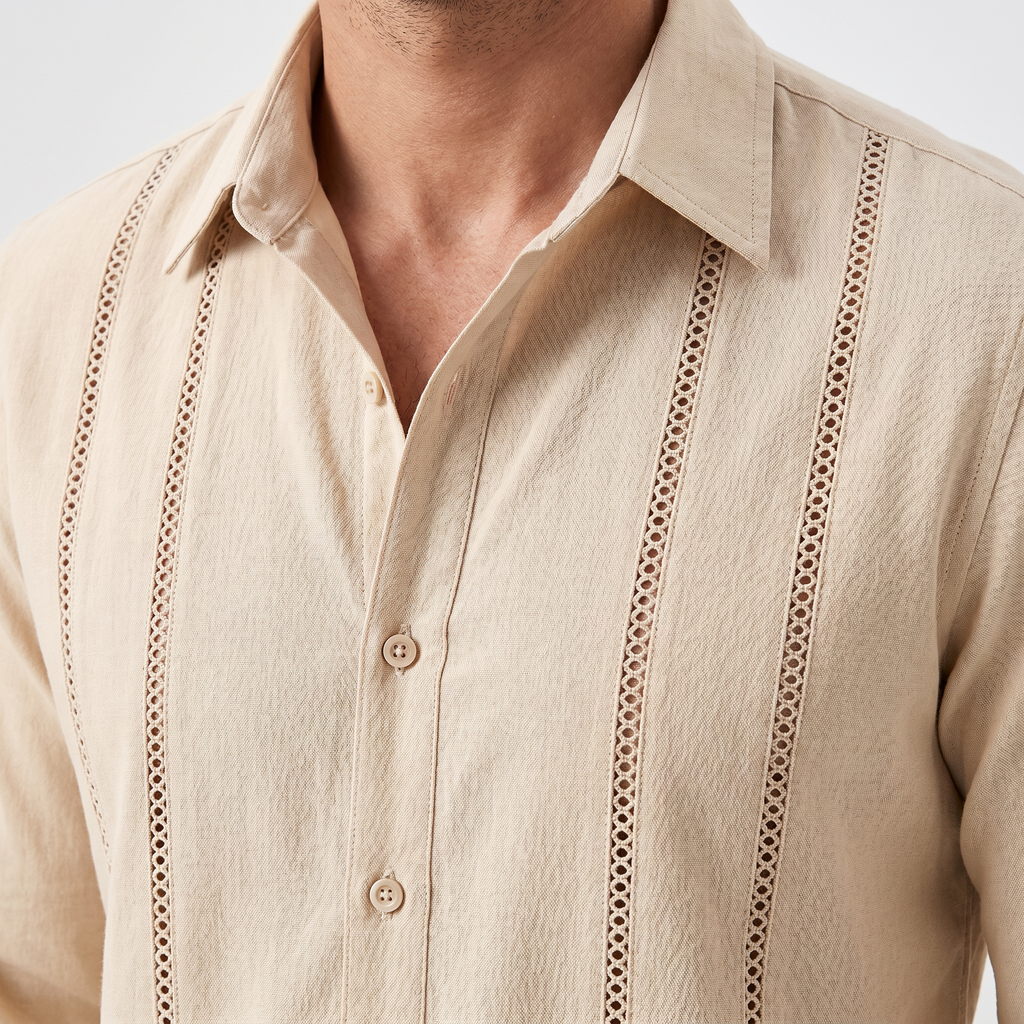 Men's Cuban Linen Shirt with Decorative Front Stitching