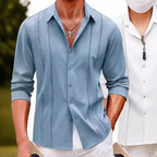 Men's Cuban Linen Shirt with Decorative Front Stitching