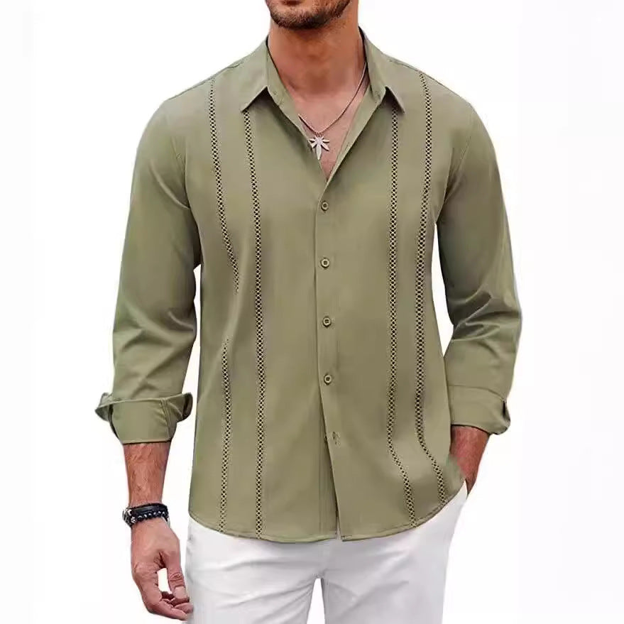 Men's Cuban Linen Shirt with Decorative Front Stitching
