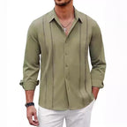 Men's Cuban Linen Shirt with Decorative Front Stitching