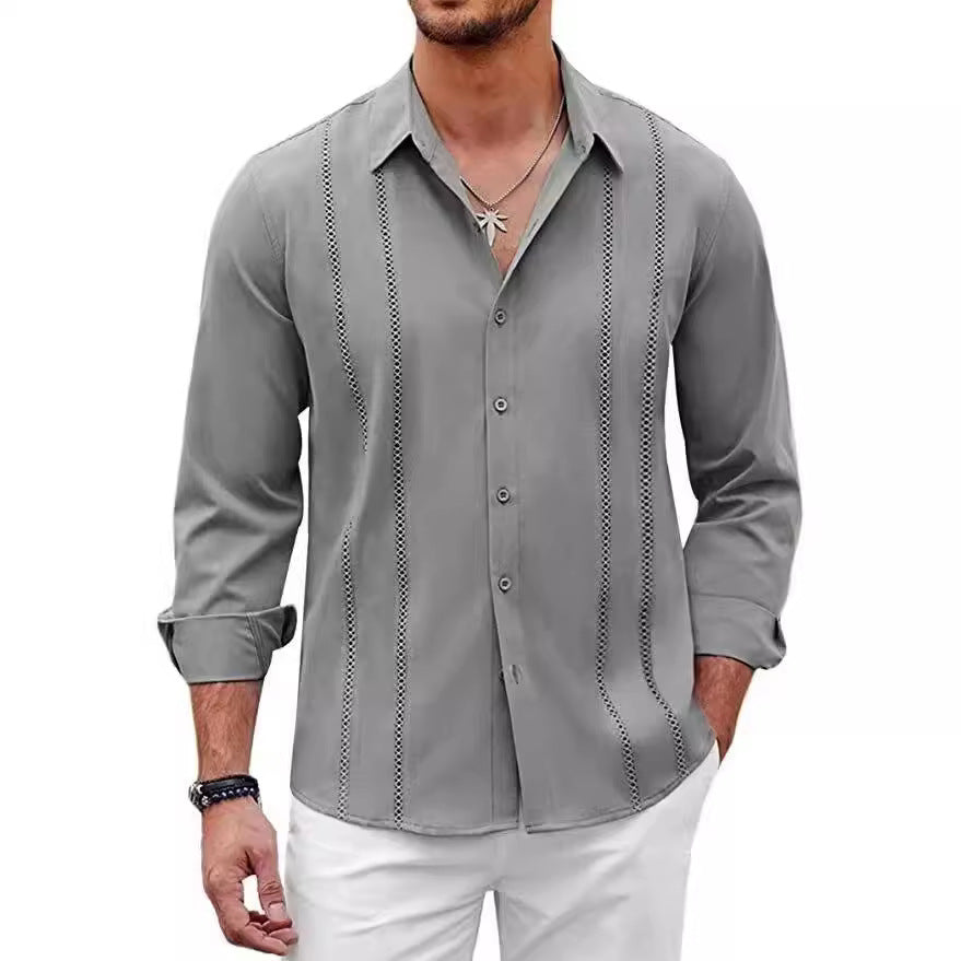 Men's Cuban Linen Shirt with Decorative Front Stitching