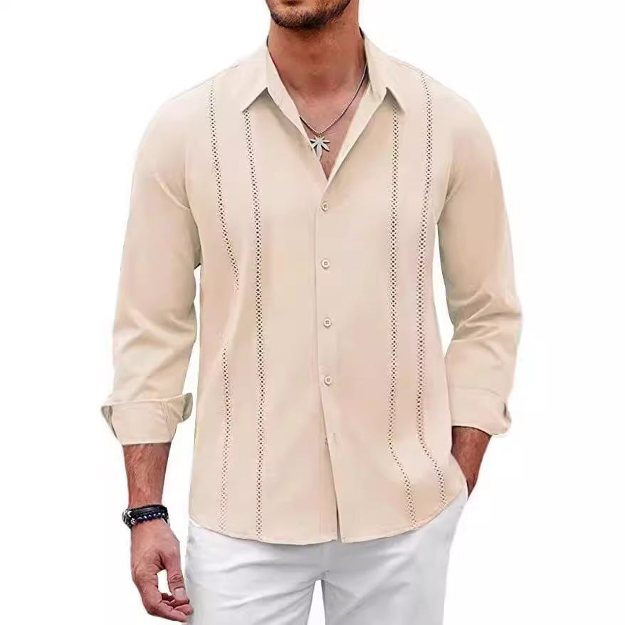 Men's Cuban Linen Shirt with Decorative Front Stitching