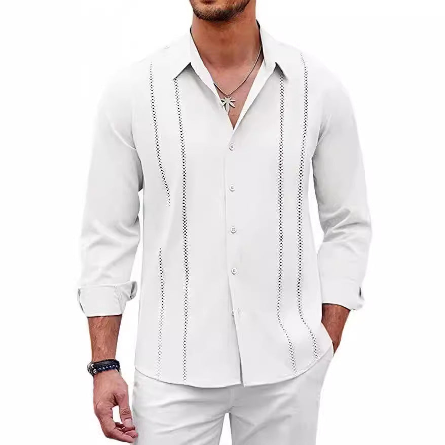 Men's Cuban Linen Shirt with Decorative Front Stitching