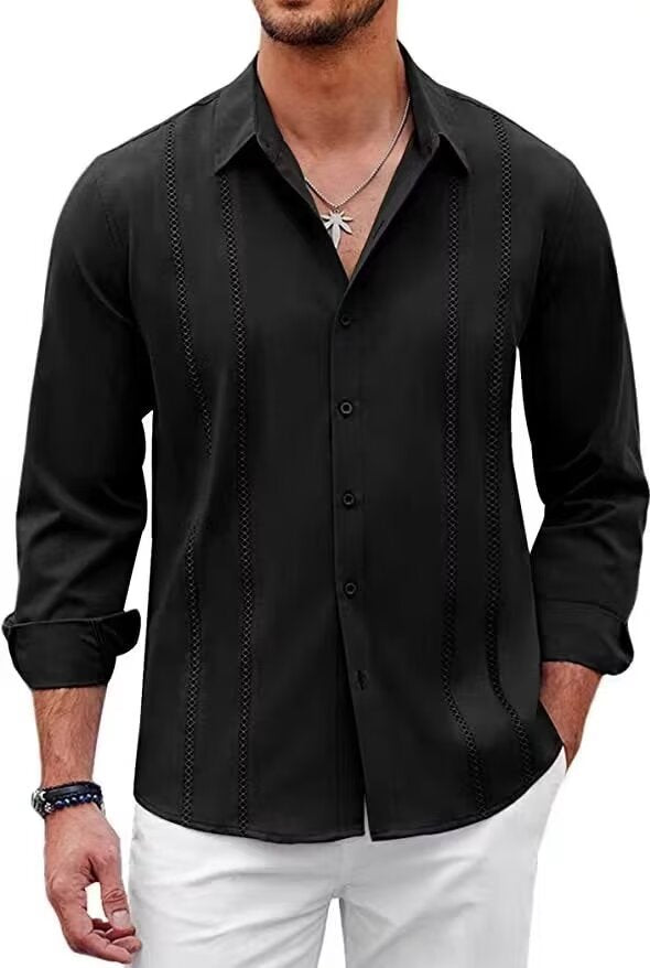 Men's Cuban Linen Shirt with Decorative Front Stitching