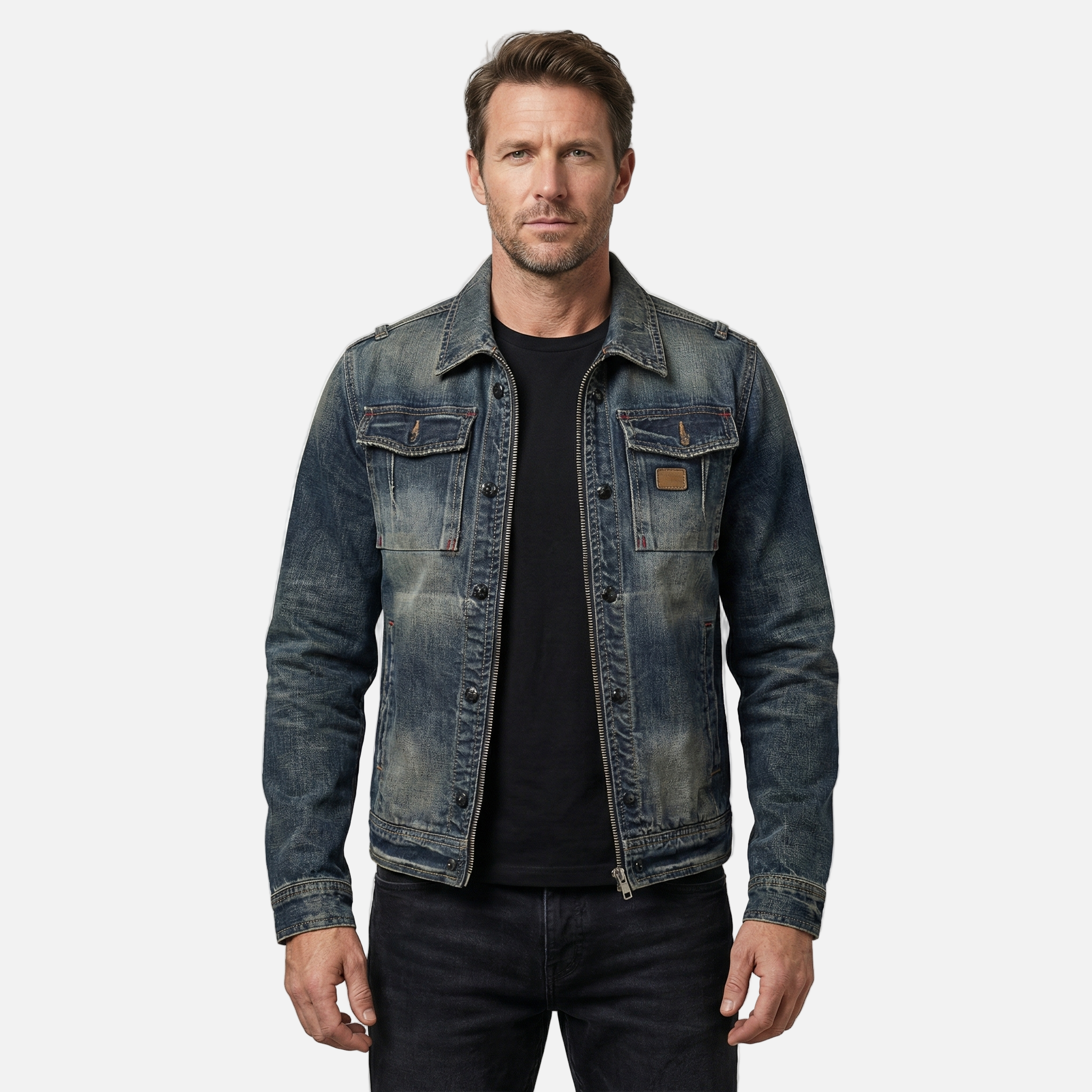 Men's Denim Jacket with Distressed Wash