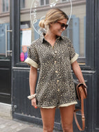 Women's Denim Leopard Print Short Set with Shirt Collar