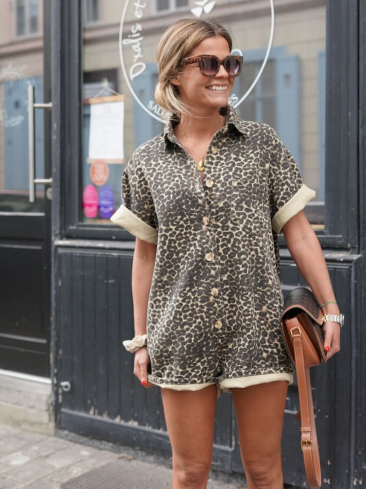 Women's Denim Leopard Print Short Set with Shirt Collar