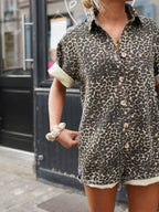Women's Denim Leopard Print Short Set with Shirt Collar
