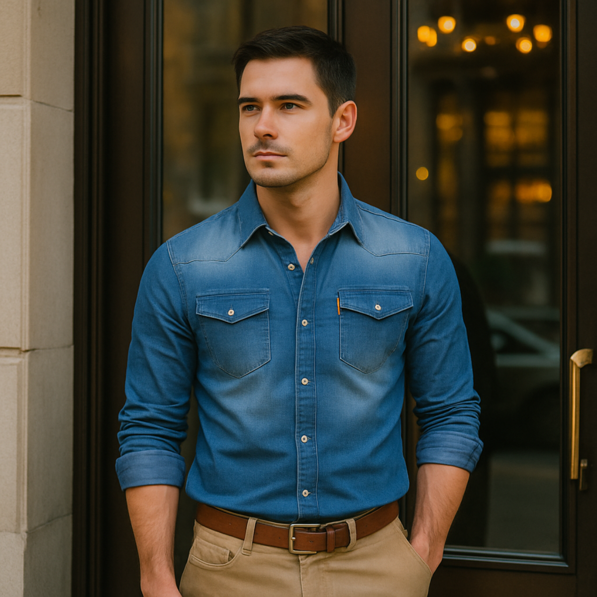 Men's Modern Denim Shirt with Button-Up Front and Chest Pockets